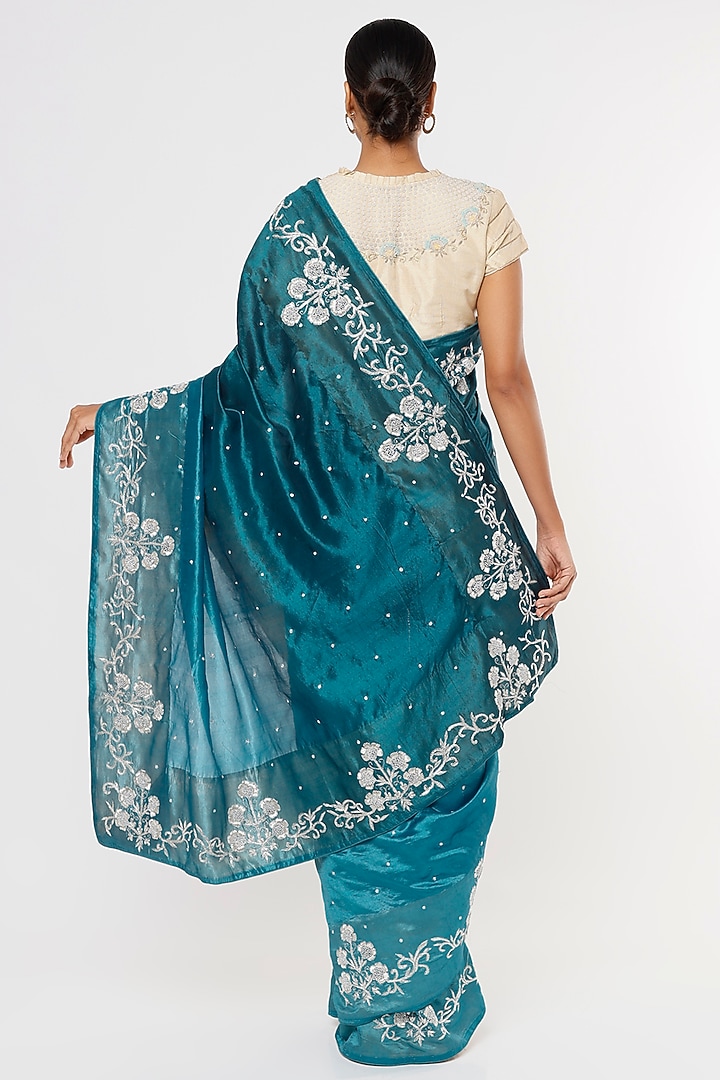 Blue Embroidered Wedding Saree Set by Aura Kreations at Pernia's Pop Up Shop