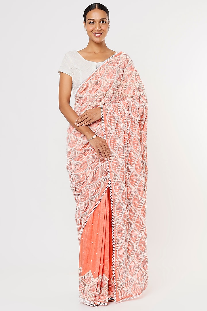 Peach Jute Embroidered Saree Set by Aura Kreations