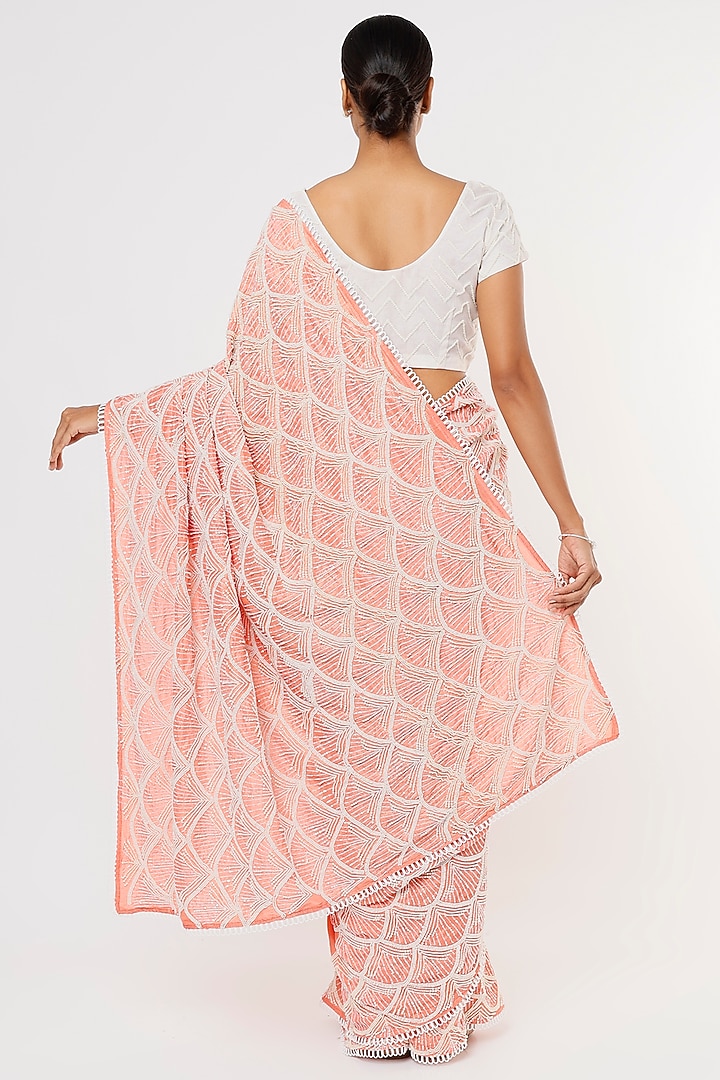 Peach Jute Embroidered Wedding Saree Set by Aura Kreations at Pernia's Pop Up Shop