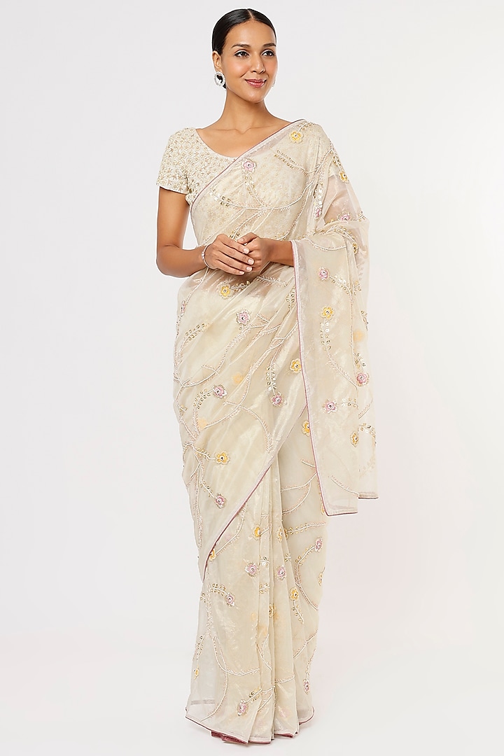 Off-White Organza Embroidered Saree Set by Aura Kreations