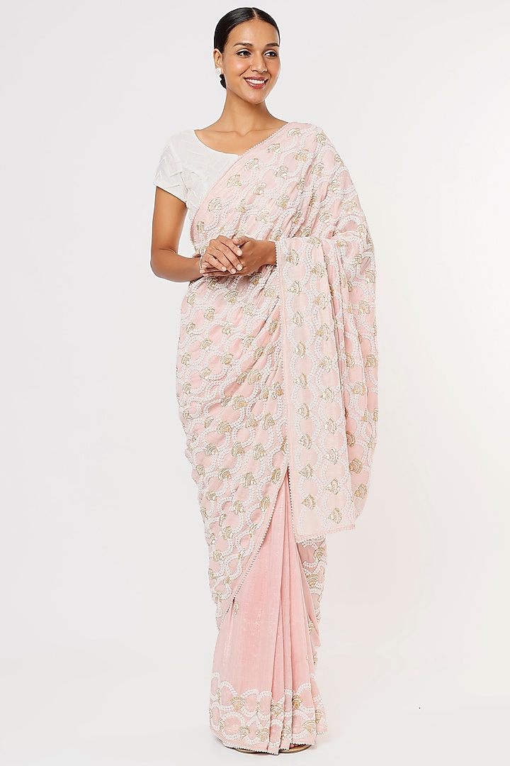 Pink Jute Georgette Embroidered Saree Set by Aura Kreations