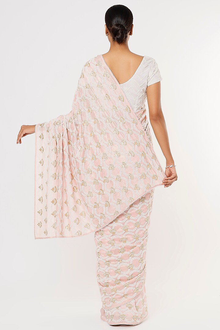 Pink Jute Georgette Embroidered Wedding Saree Set by Aura Kreations at Pernia's Pop Up Shop
