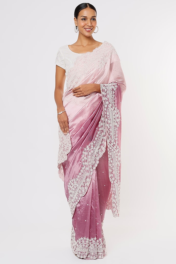 Purple Flat Jute Embroidered Saree Set by Aura Kreations