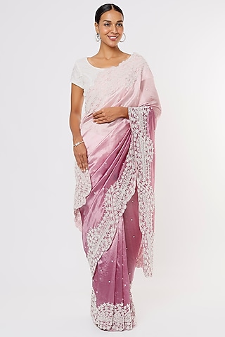Purple Flat Jute Embroidered Saree Set by Aura Kreations