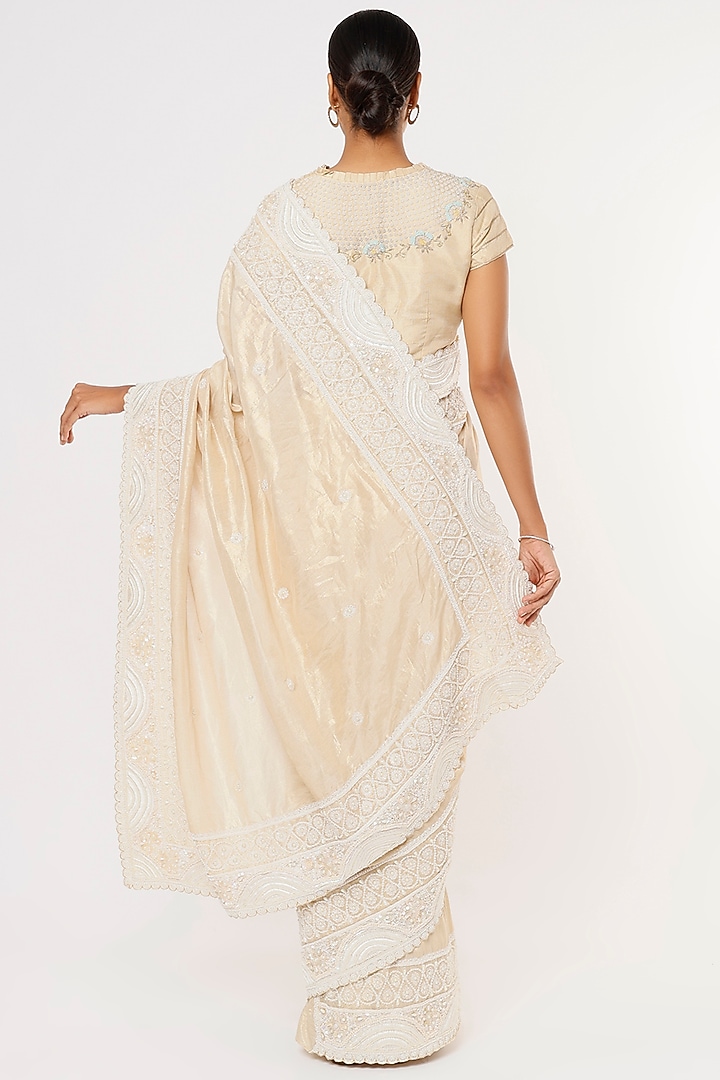 Beige Hand Embroidered Wedding Saree Set by Aura Kreations at Pernia's Pop Up Shop