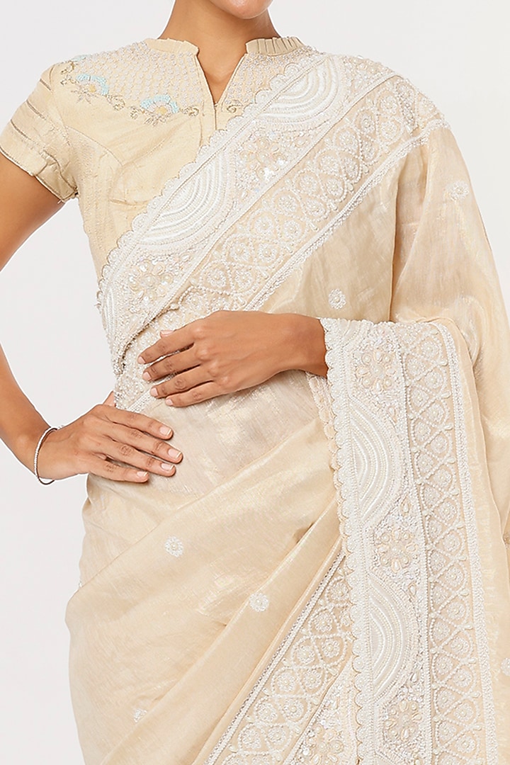 Beige Hand Embroidered Wedding Saree Set by Aura Kreations at Pernia's Pop Up Shop