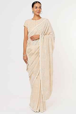 Beige Zardosi Hand Embroidered Saree Set by Aura Kreations