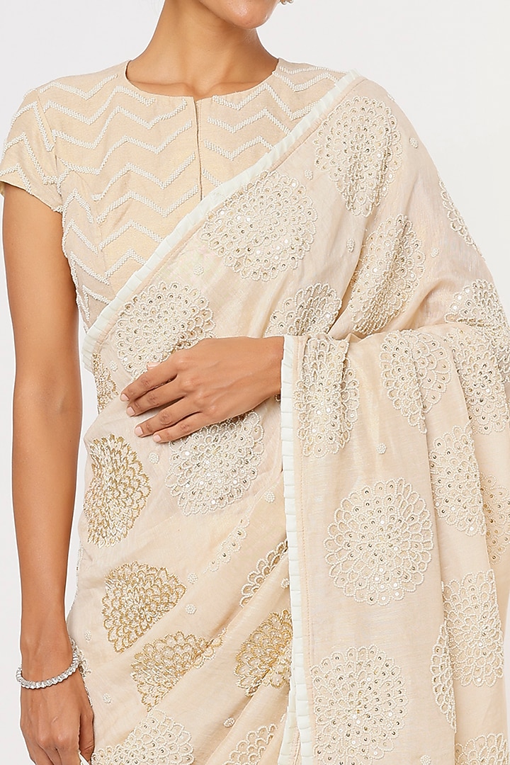 Beige Zardosi Hand Embroidered Wedding Saree Set by Aura Kreations at Pernia's Pop Up Shop