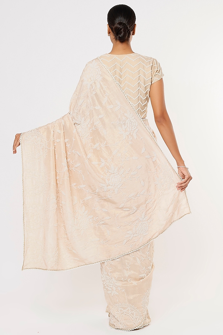 Beige Pearl Hand Embroidered Wedding Saree Set by Aura Kreations at Pernia's Pop Up Shop
