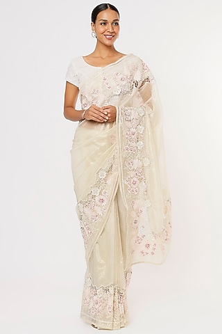 Off-White Hand Embroidered Saree Set by Aura Kreations
