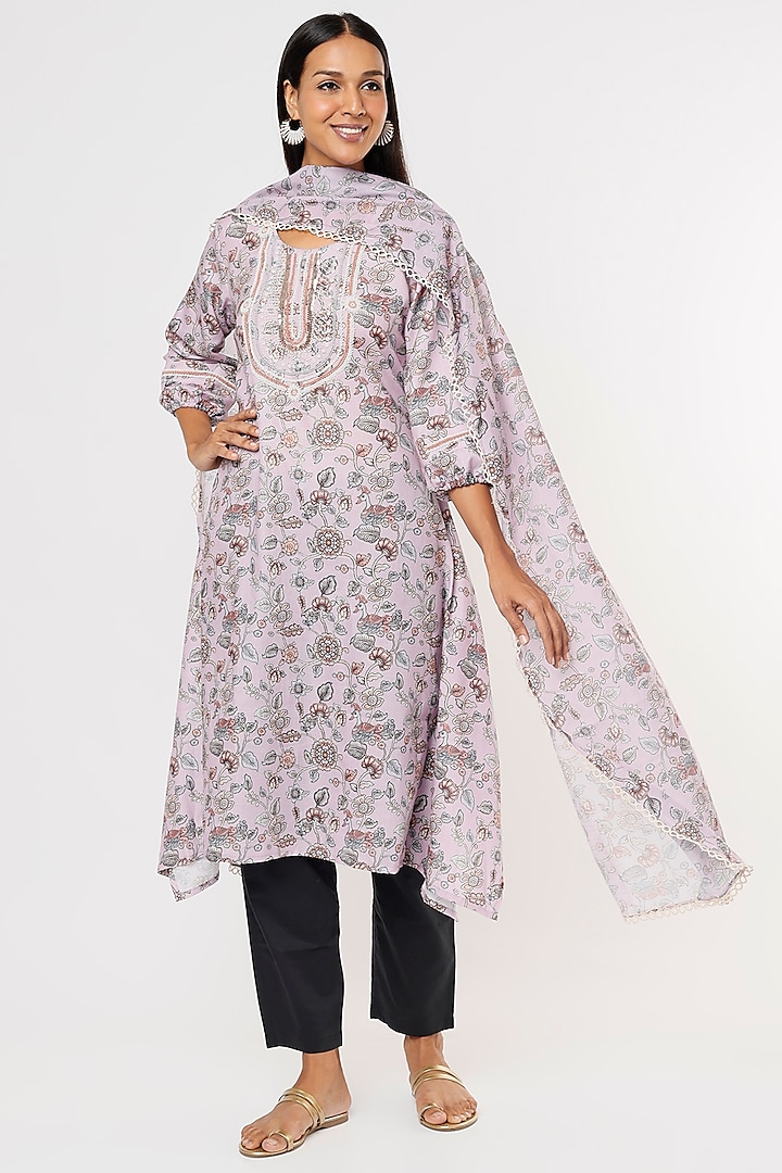 Lilac Printed & Hand Embroidered Kurta by Aura Kreations