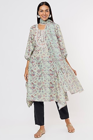 Green Printed & Embroidered Kurta Set by Aura Kreations