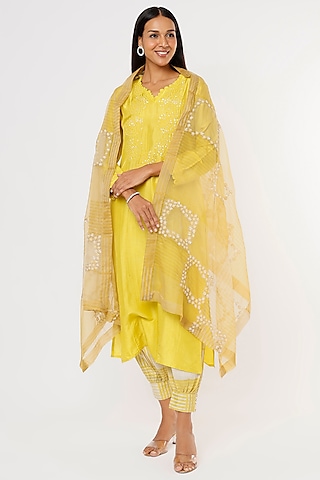 Yellow Hand Embroidered Kurta Set by Aura Kreations