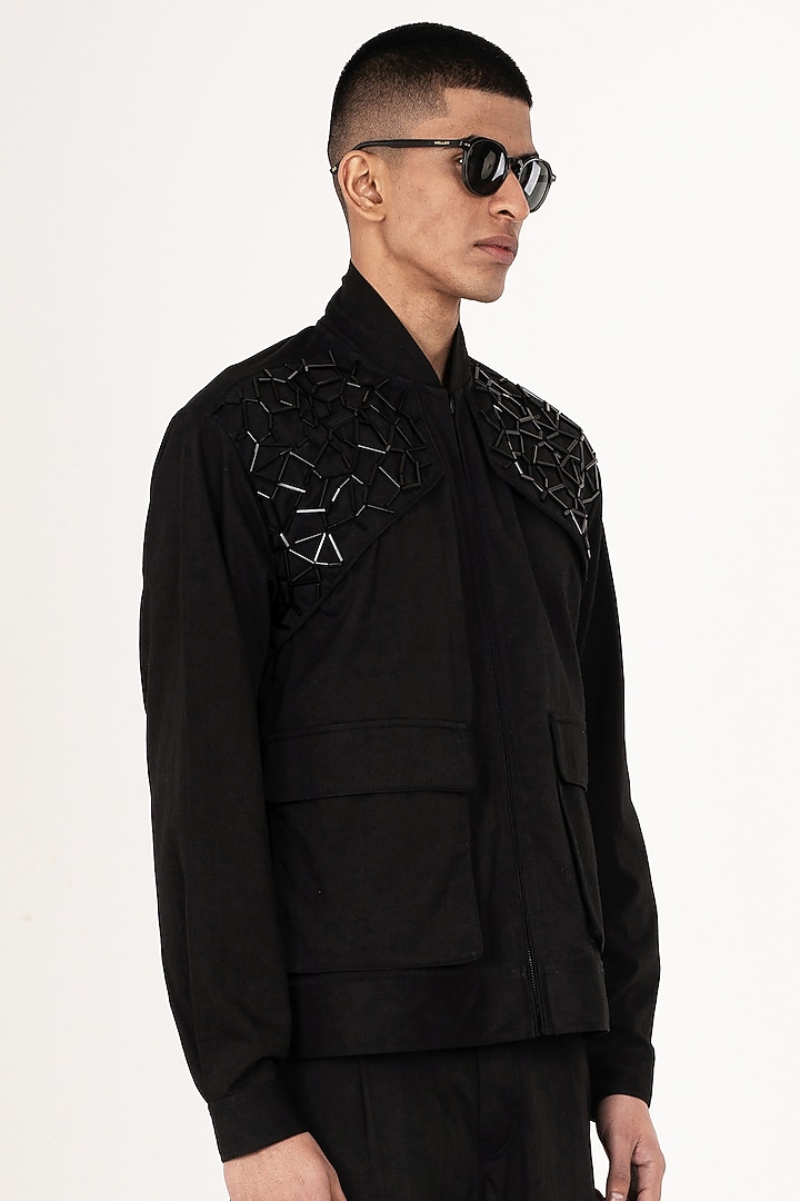 Black Cotton Satin Hand Embroidered Jacket by Aurge Studios at Pernia's Pop Up Shop