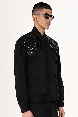 Black Cotton Satin Hand Embroidered Jacket by Aurge Studios
