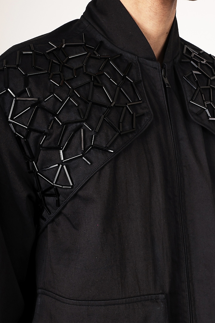 Black Cotton Satin Hand Embroidered Jacket by Aurge Studios at Pernia's Pop Up Shop