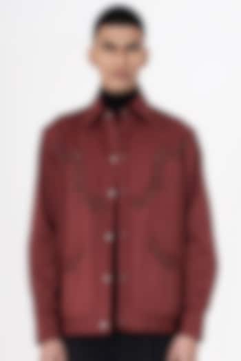 Burgundy Cotton Satin Hand & Machine Embroidered Shacket by Aurge Studios at Pernia's Pop Up Shop
