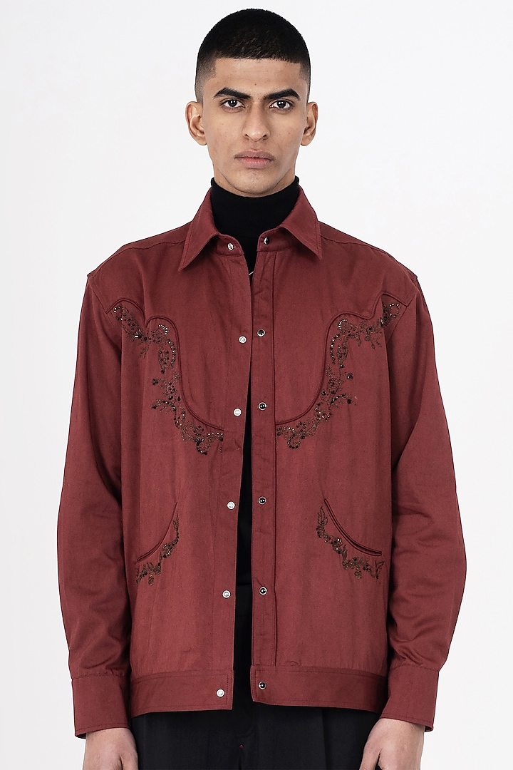 Burgundy Cotton Satin Hand & Machine Embroidered Shacket by Aurge Studios at Pernia's Pop Up Shop
