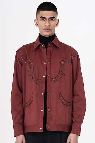 Burgundy Cotton Satin Hand & Machine Embroidered Shacket by Aurge Studios