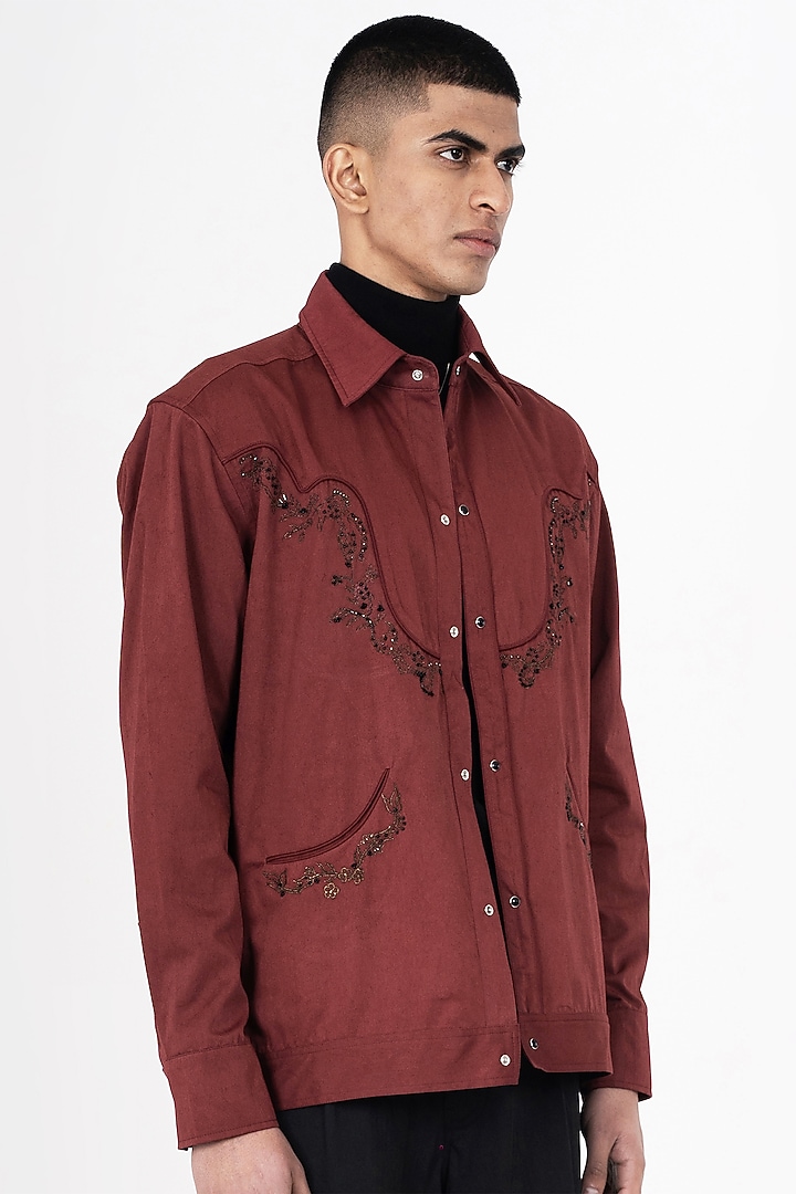 Burgundy Cotton Satin Hand & Machine Embroidered Shacket by Aurge Studios at Pernia's Pop Up Shop