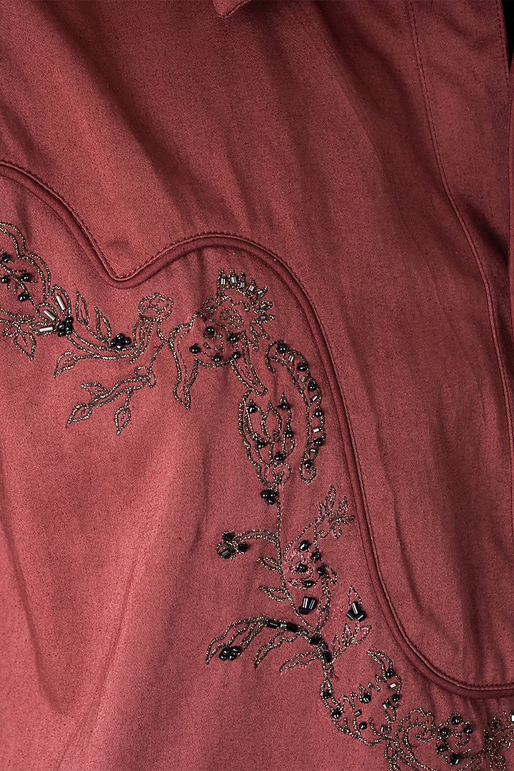 Burgundy Cotton Satin Hand & Machine Embroidered Shacket by Aurge Studios at Pernia's Pop Up Shop