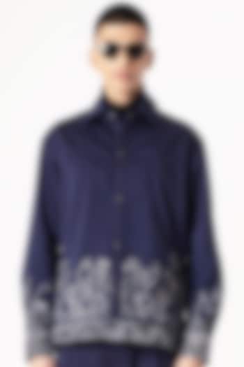 Navy Blue Cotton Satin Digital Printed & Embroidered Shacket by Aurge Studios at Pernia's Pop Up Shop