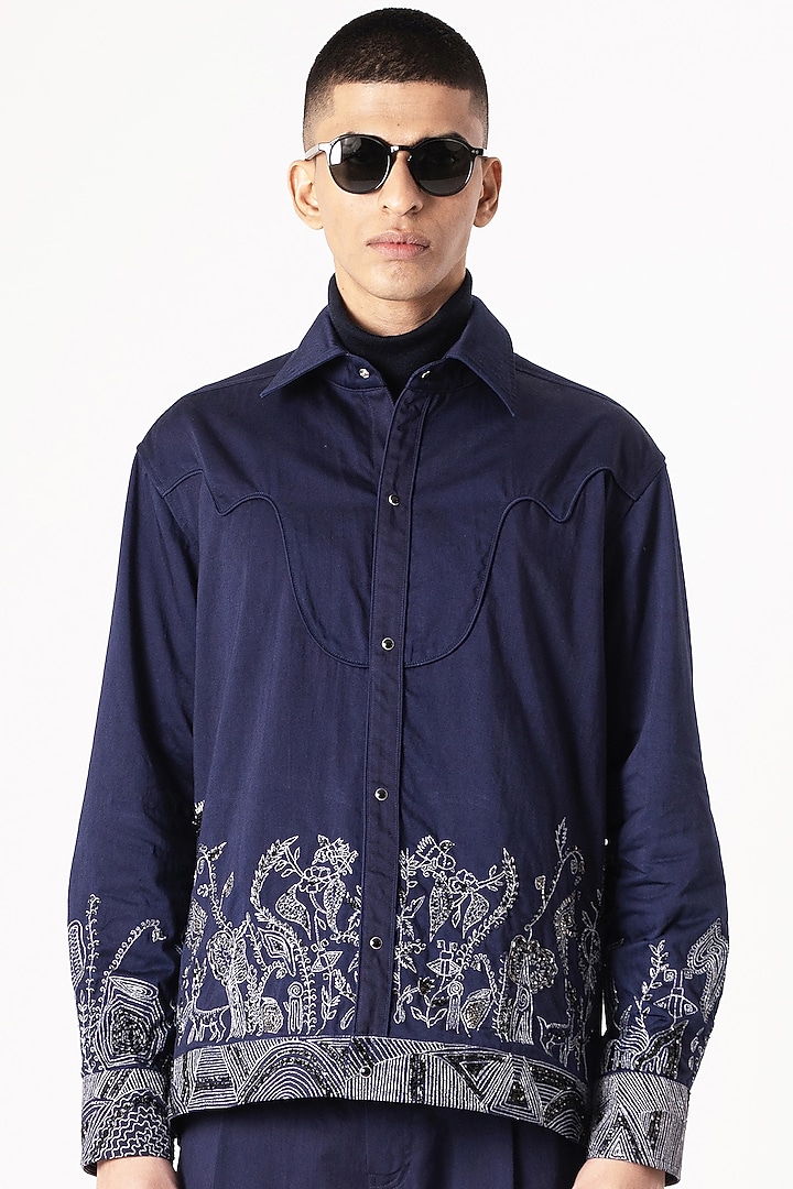 Navy Blue Cotton Satin Digital Printed & Embroidered Shacket by Aurge Studios at Pernia's Pop Up Shop