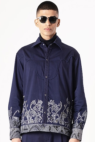 Navy Blue Cotton Satin Digital Printed & Embroidered Shacket by Aurge Studios