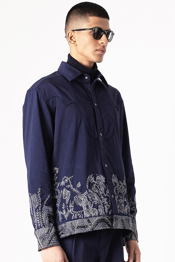 Navy Blue Cotton Satin Digital Printed & Embroidered Shacket by Aurge Studios at Pernia's Pop Up Shop