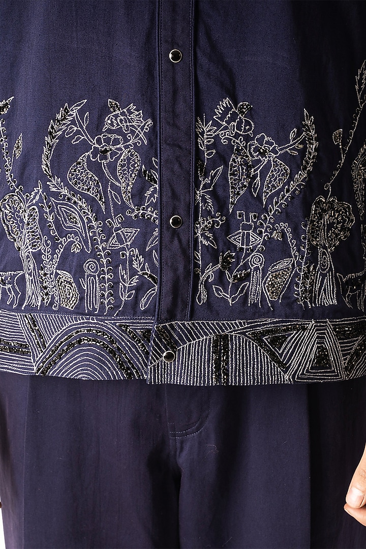 Navy Blue Cotton Satin Digital Printed & Embroidered Shacket by Aurge Studios at Pernia's Pop Up Shop