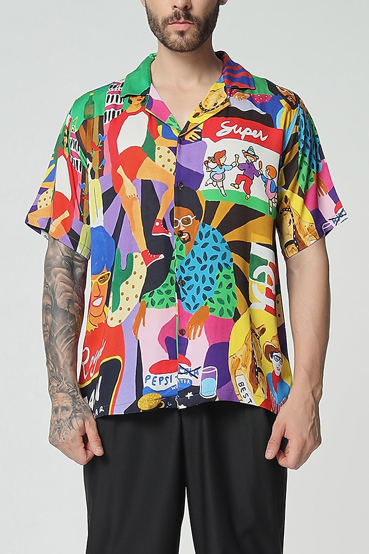 Multi-Colored Modal Satin Digital Printed Oversized Summer Shirt by Aurge Studios at Pernia's Pop Up Shop