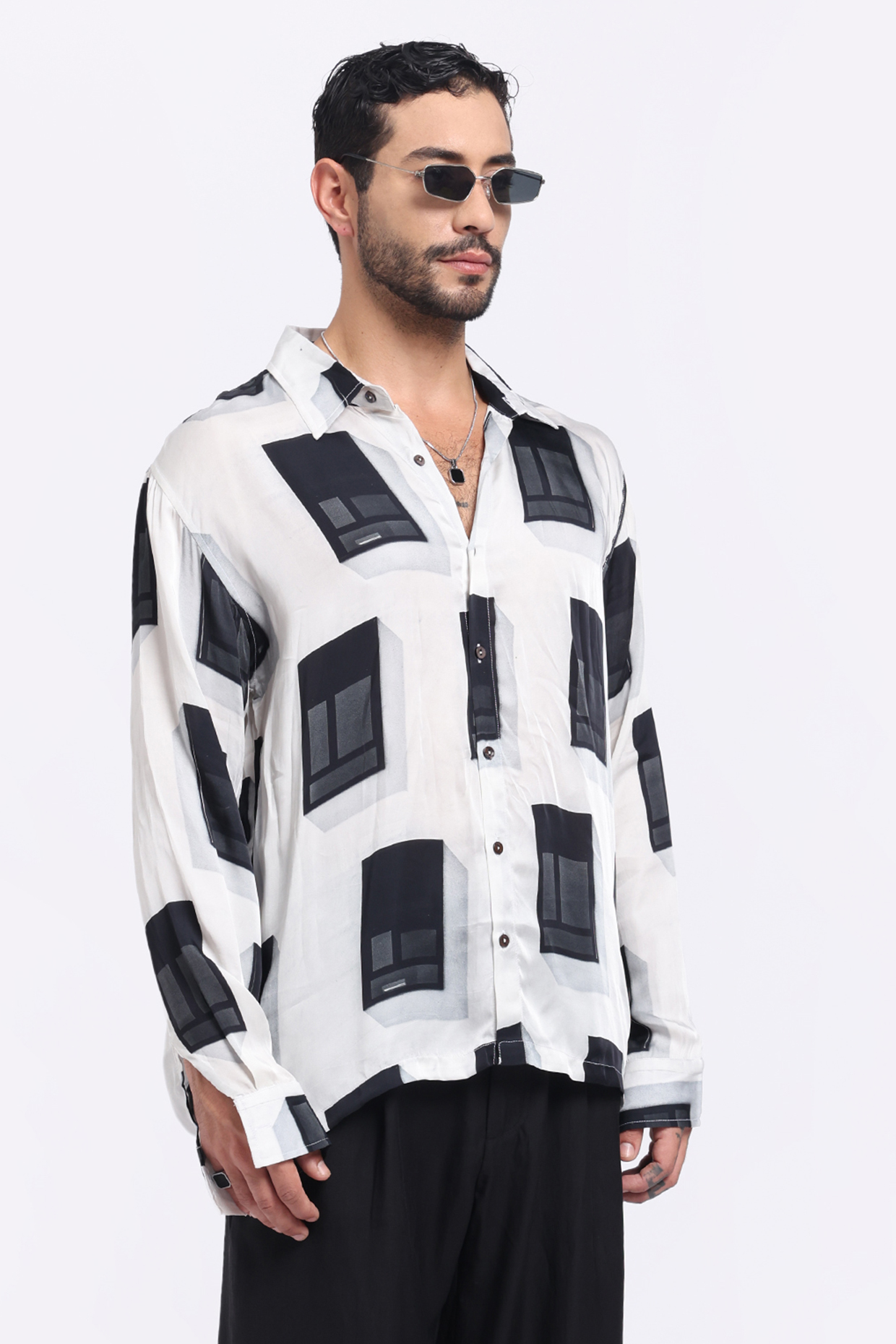 White & Black Bamberg Cupro Digital Printed Shirt by Aurge Studios