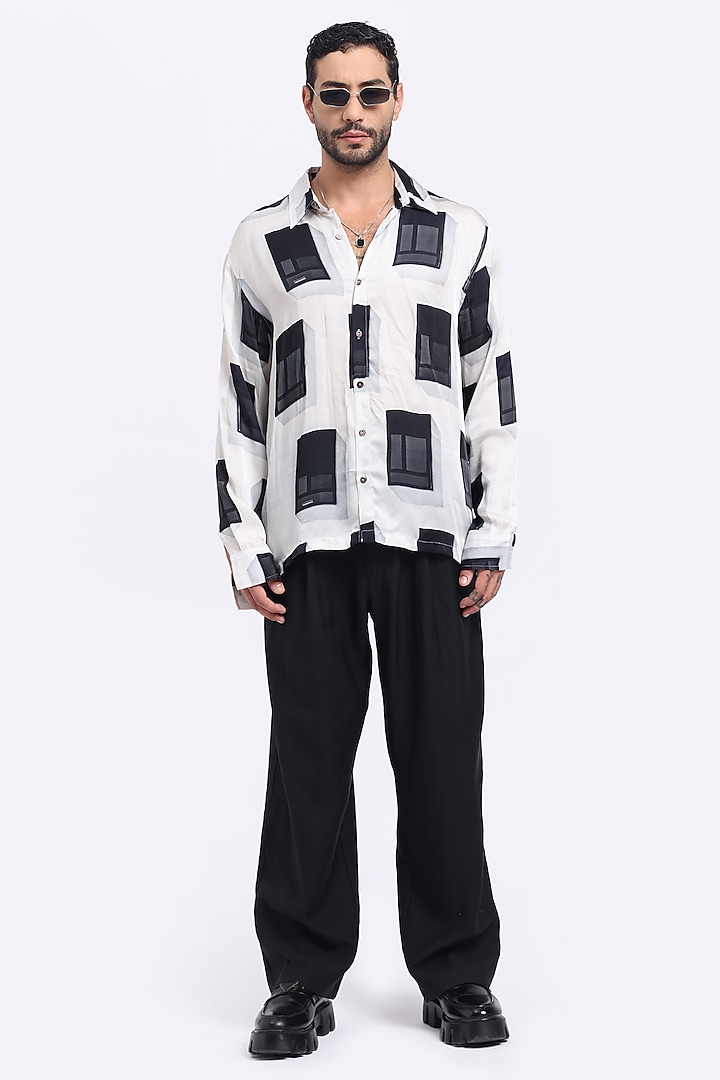 White & Black Bamberg Cupro Digital Printed Party Wear Shirt by Aurge Studios at Pernia's Pop Up Shop