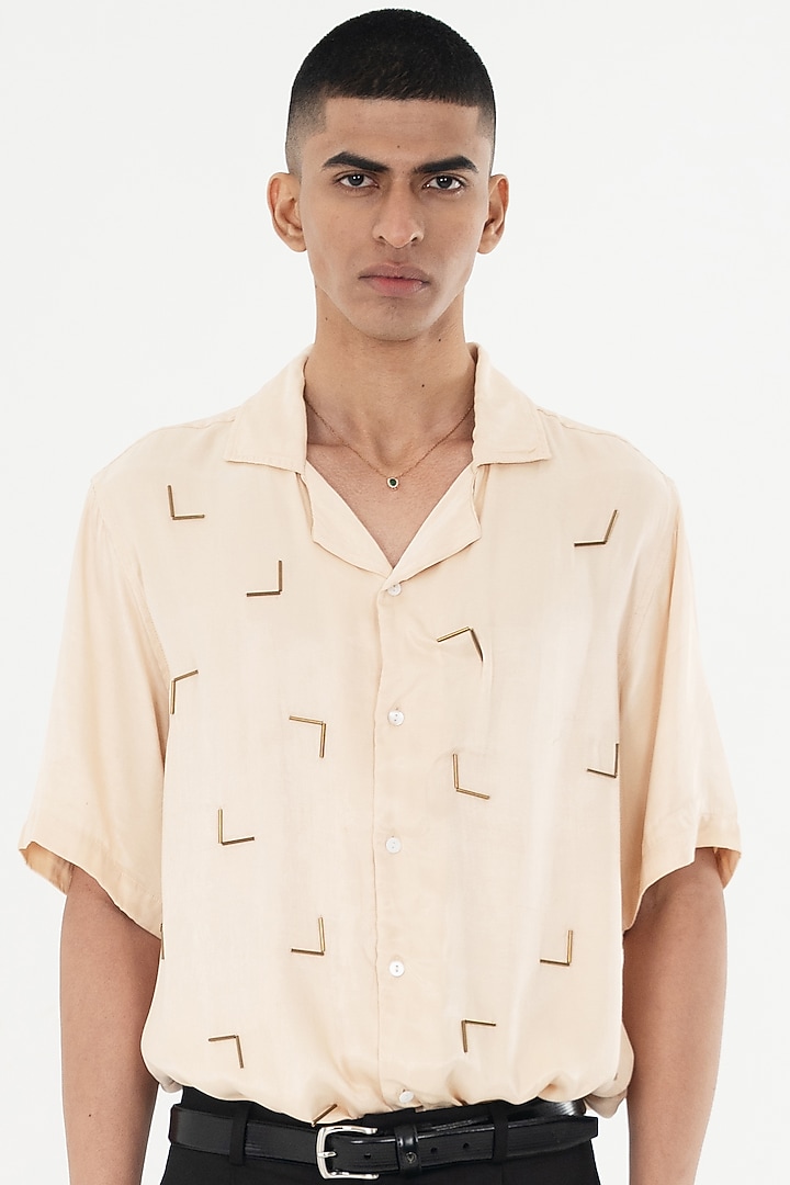 Beige Viscose Silk Satin Embellished Party Wear Shirt by Aurge Studios at Pernia's Pop Up Shop