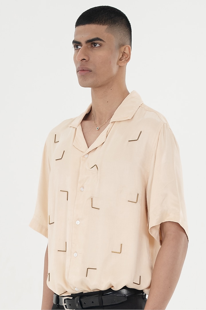 Beige Viscose Silk Satin Embellished Party Wear Shirt by Aurge Studios at Pernia's Pop Up Shop