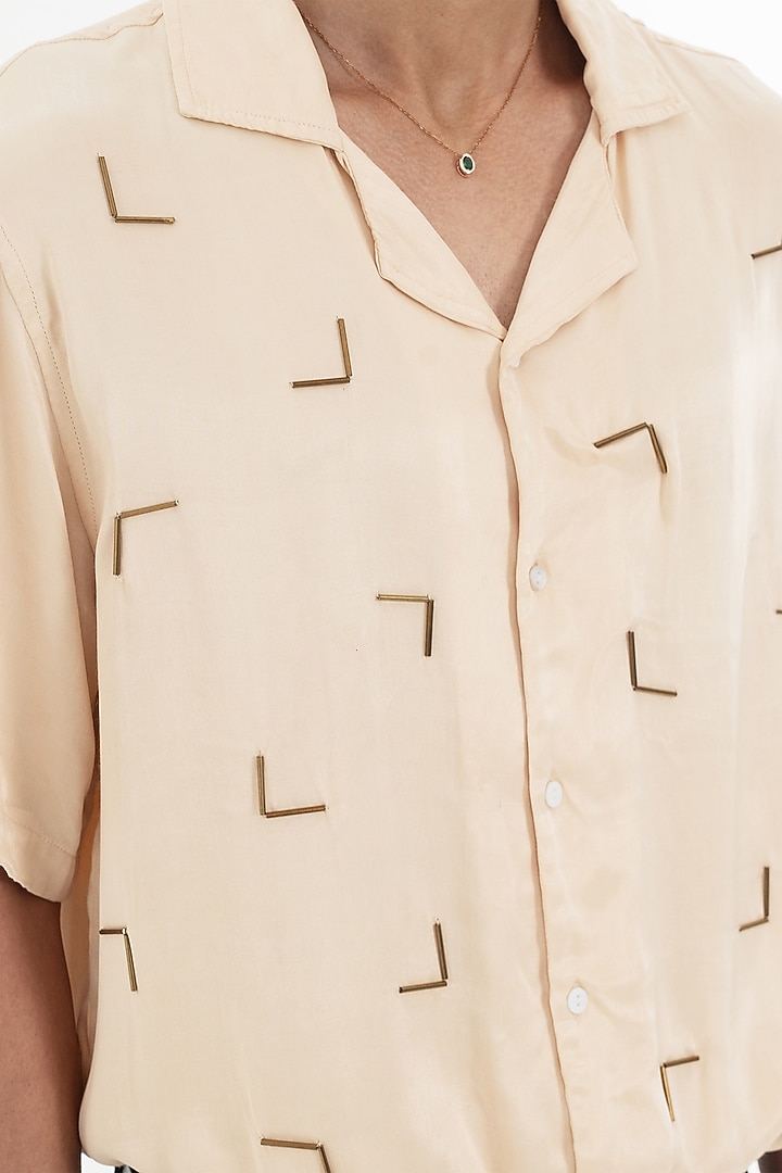 Beige Viscose Silk Satin Embellished Party Wear Shirt by Aurge Studios at Pernia's Pop Up Shop