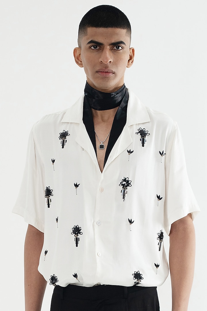 White Viscose Silk Satin Embellished Party Wear Shirt by Aurge Studios at Pernia's Pop Up Shop