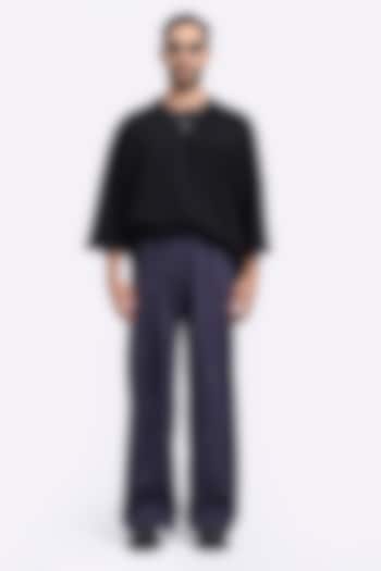 Navy Blue Cotton Twill Embellished Pants by Aurge Studios at Pernia's Pop Up Shop