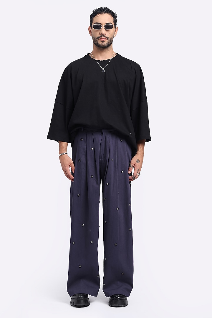 Navy Blue Cotton Twill Embellished Pants by Aurge Studios at Pernia's Pop Up Shop