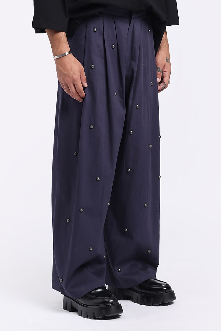 Navy Blue Cotton Twill Embellished Pants by Aurge Studios at Pernia's Pop Up Shop