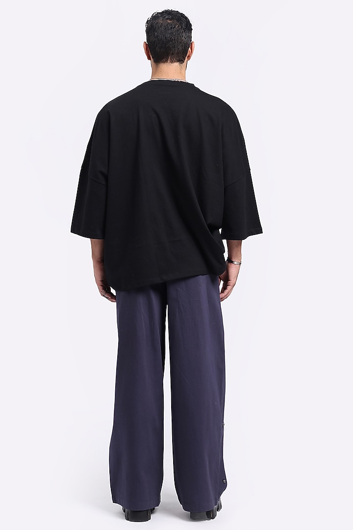 Navy Blue Cotton Twill Embellished Pants by Aurge Studios at Pernia's Pop Up Shop