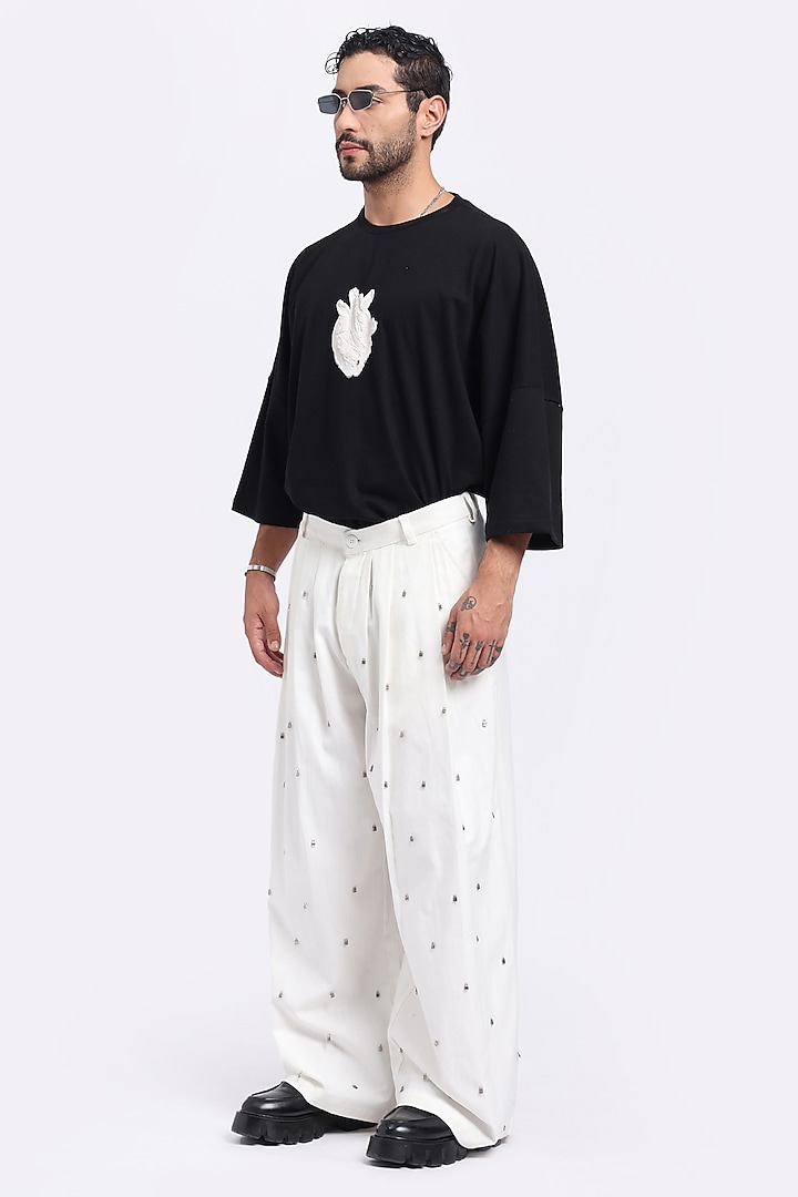 White Cotton Twill Hand Embroidered Pants by Aurge Studios at Pernia's Pop Up Shop