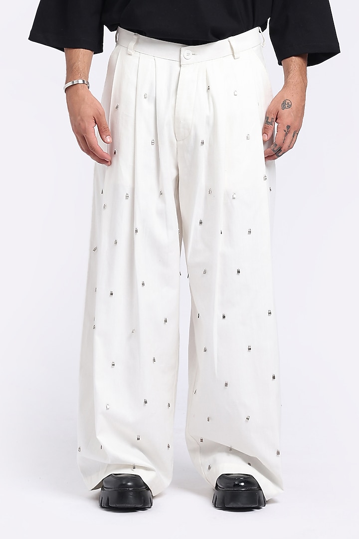 White Cotton Twill Hand Embroidered Pants by Aurge Studios at Pernia's Pop Up Shop