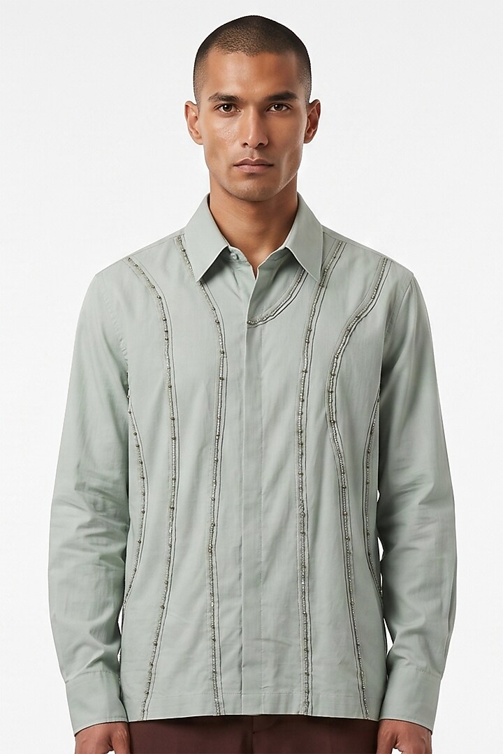 Sea Green Cotton Poplin Cutdana Embroidered Party Wear Shirt by Aurge Studios at Pernia's Pop Up Shop