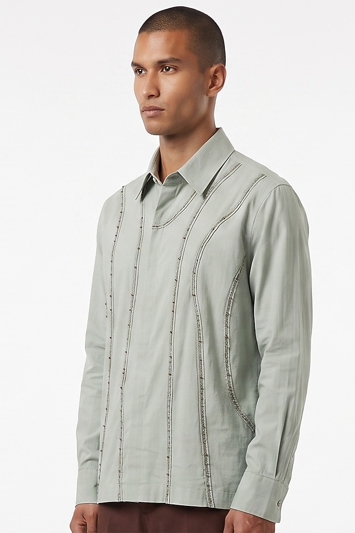 Sea Green Cotton Poplin Cutdana Embroidered Party Wear Shirt by Aurge Studios at Pernia's Pop Up Shop