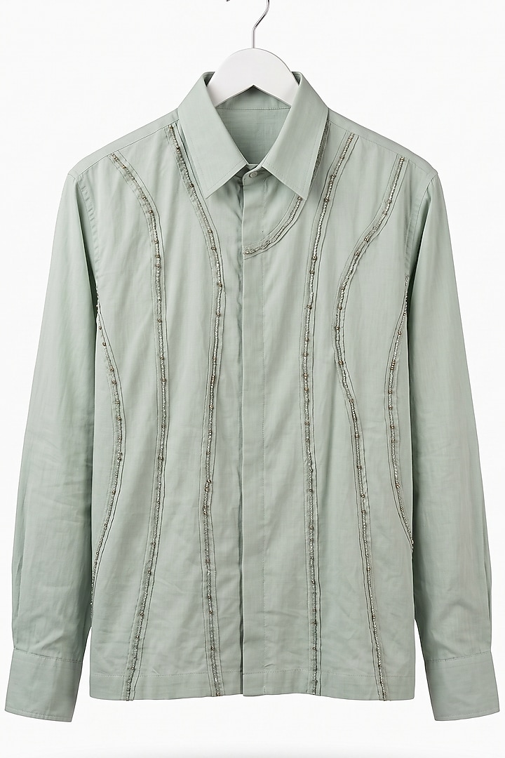 Sea Green Cotton Poplin Cutdana Embroidered Party Wear Shirt by Aurge Studios at Pernia's Pop Up Shop