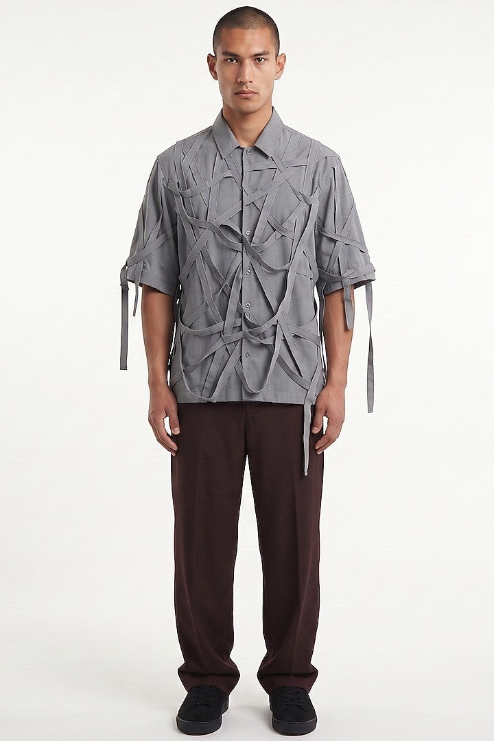Blue Grey Cotton Poplin Party Wear Shirt by Aurge Studios at Pernia's Pop Up Shop