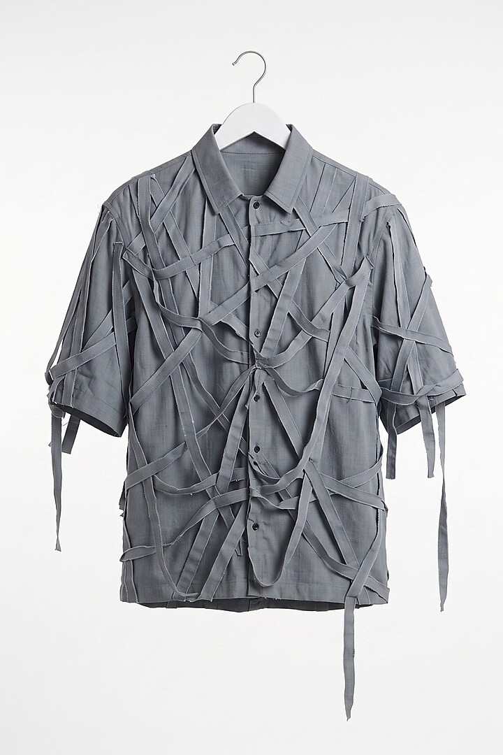 Blue Grey Cotton Poplin Party Wear Shirt by Aurge Studios at Pernia's Pop Up Shop
