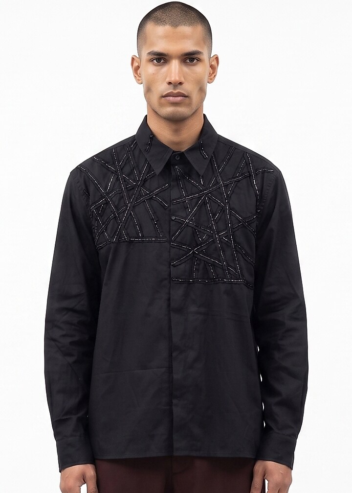 Black Cotton Poplin Hand Embellished Party Wear Shirt by Aurge Studios at Pernia's Pop Up Shop