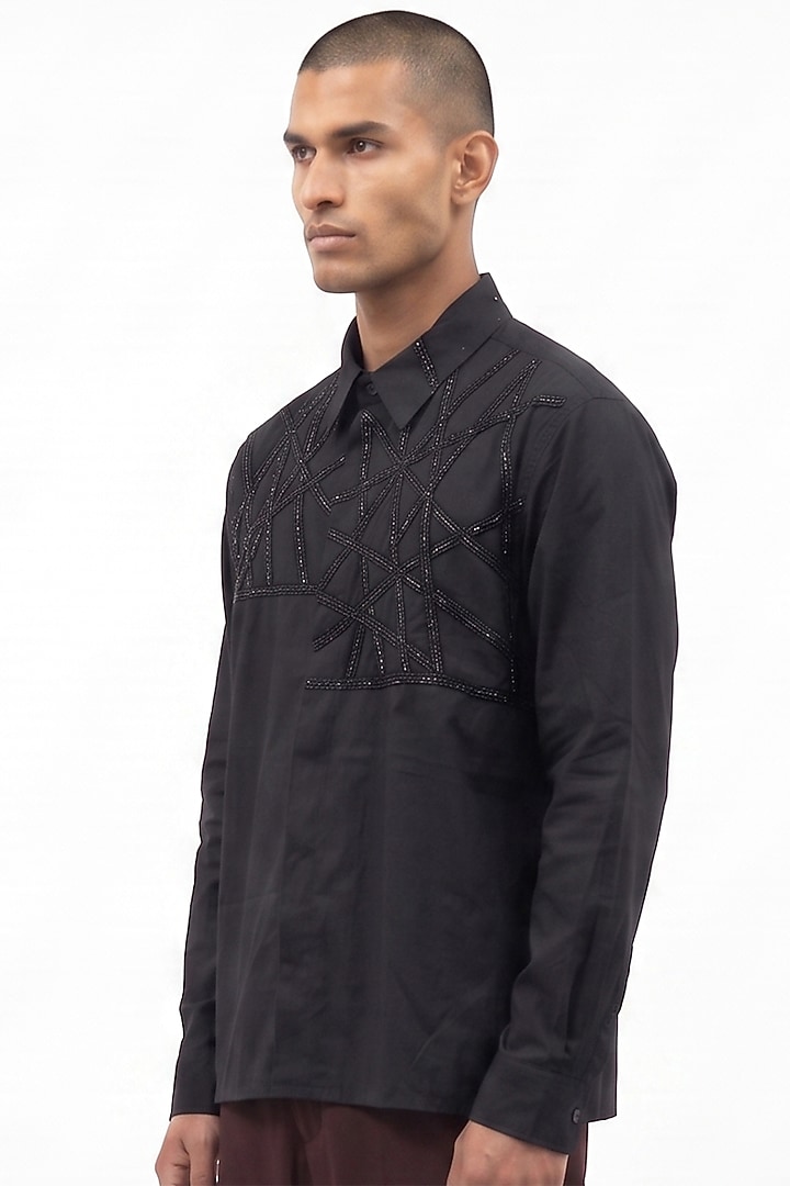 Black Cotton Poplin Hand Embellished Party Wear Shirt by Aurge Studios at Pernia's Pop Up Shop
